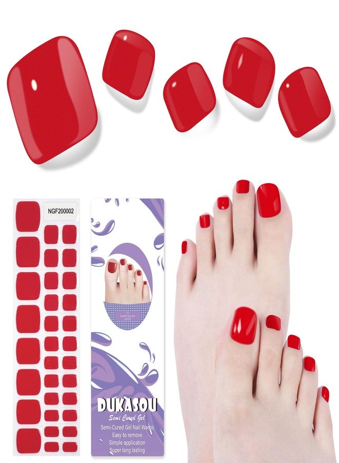 DUKASOU Semi Cured Gel Toe Nail Strips,32 Pcs Toe Nail Stickers Wraps(Scarlet Fiery Sun),Long Lasting Gel Strips with UV Lamp Requried,Easy to Apply - Image 1